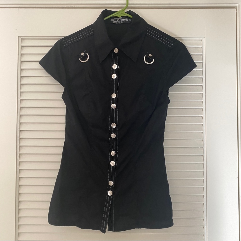 Lip Service button down collared cap sleeve bondage shirt w pinstripe RARE